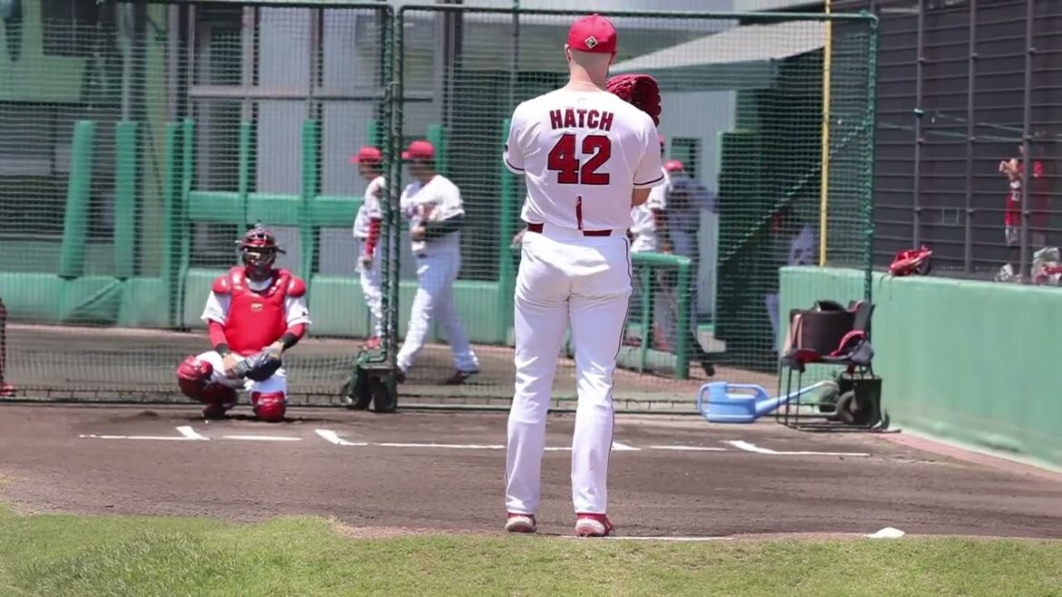 広島カープ 42ハッチ投手　由宇球場試合前 ブルペン投球練習 2024.5.17