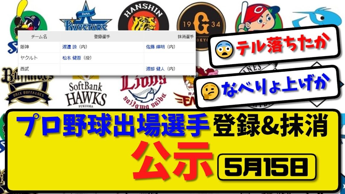 【公示】プロ野球 出場選手登録＆抹消 公示5月15日発表｜阪神佐藤 西武渡部ら抹消|阪神渡邊 登録【最新・まとめ・反応集・なんJ・2ch】