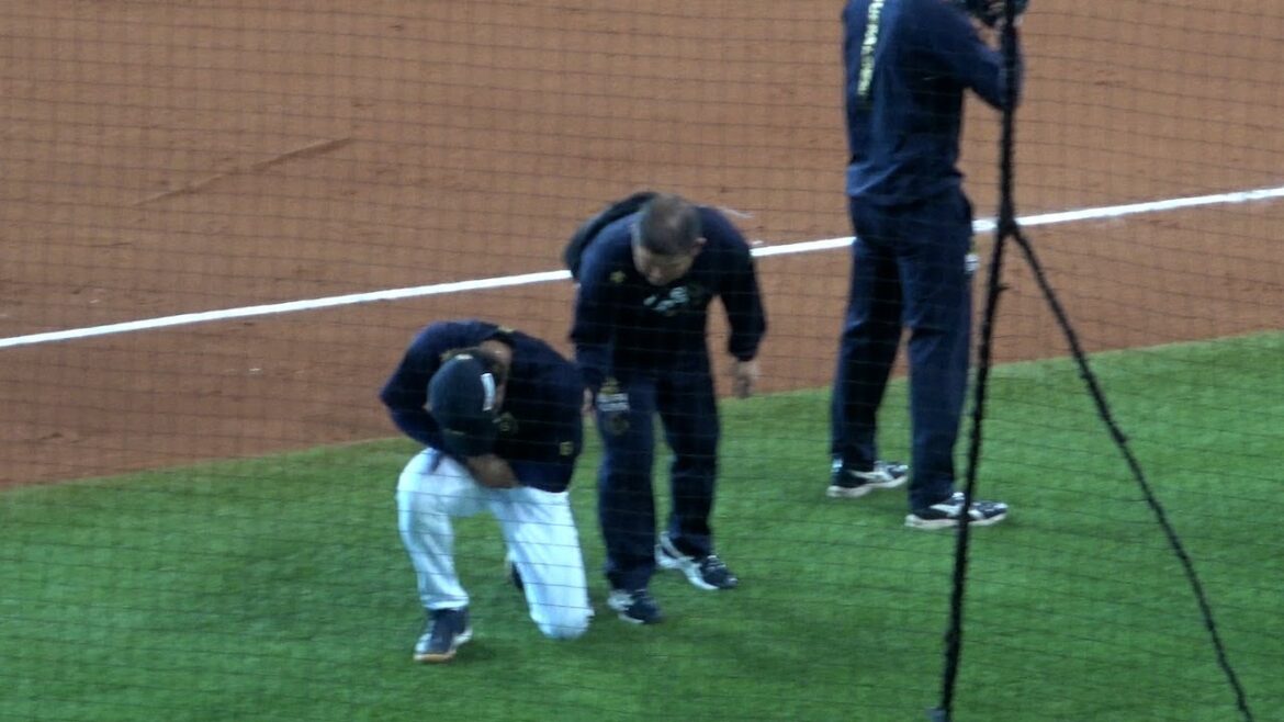 練習中、打球が当たったのか手首を押さえてベンチに下がる宗佑磨