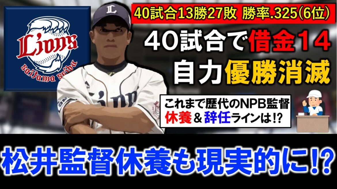 【流石にありえるラインに...？】西武４０試合で借金１４＆自力優勝消滅で『松井稼頭央』監督の休養が現実的に！？過去１５年間のＮＰＢ監督休養＆辞任のデッドラインはどこに！？