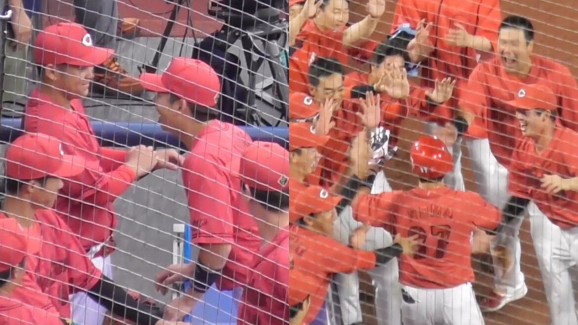 ベンチで後輩をいじる野間さんが、今季第1号アーチで後輩から囲みの祝福！愛される野間峻祥パイセン！2024年5月24日