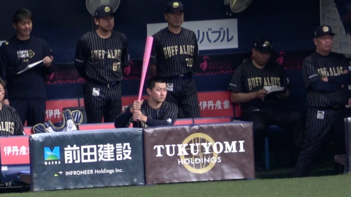 雨天中止のため母の日に使用できなかったピンクバットをベンチに持ち込む紅林弘太郎