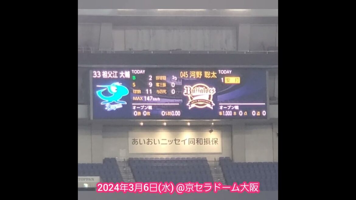 20240306　ｻｲﾄﾞﾋﾞｼﾞｮﾝの選手表示　#shorts　#河野聡太　#祖父江大輔 @京ｾﾗﾄﾞｰﾑ大阪･ﾚﾌﾄ外野下段 ｵｰﾌﾟﾝ戦