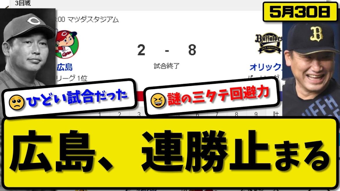 【セ1位vsパ4位】オリックスバファローズが広島カープに8-2で勝利…5月30日逆転勝ちで3タテ回避…先発齋藤5回2失点…福田&太田&頓宮&西野が活躍【最新・反応集・なんJ・2ch】プロ野球