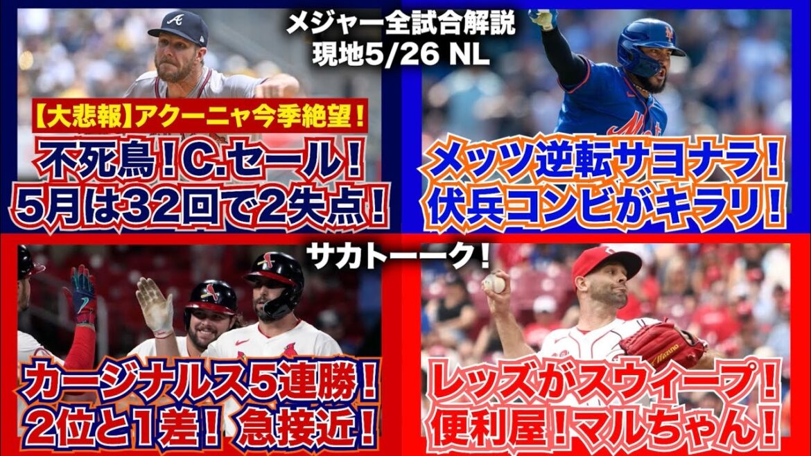 【NL5/26】アクーニャが今季絶望...！C.セールの活躍で試合には勝利！メッツ逆転サヨナラ！伏兵コンビキラリ！カージナルス5連勝！2位と1差で急接近！レッズがドジャースをスウィープ！
