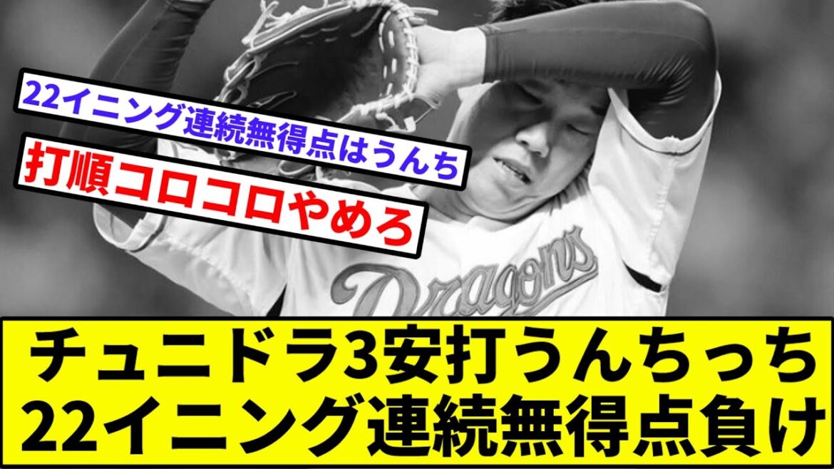 【柳、バンドアレルギー9連敗】チュニドラ3安打うんちっち、22イニング連続無得点負け【なんJ反応】【プロ野球反応集】【2chスレ】【1分動画】【5chスレ】【中日ドラゴンズ】【西武ライオンズ】【武内】