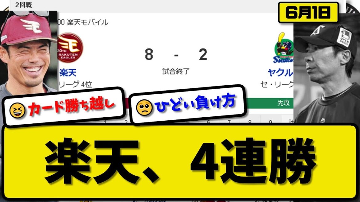 【パ5位vsセ6位】楽天イーグルスがヤクルトスワローズに8-2で勝利…6月1日今季初の4連勝…先発松井6回1失点初勝利…村林&辰己が活躍 【最新・反応集・なんJ・2ch】プロ野球