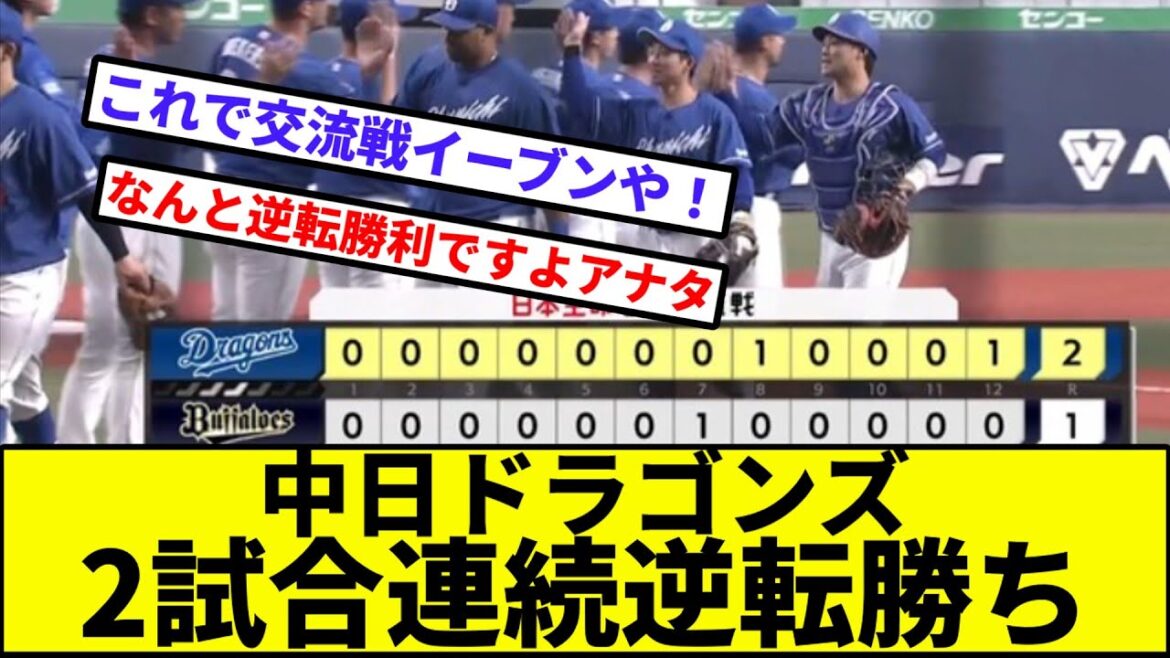 【交流戦5割で4位浮上】中日ドラゴンズ、2試合連続逆転勝ち【なんJ反応】【プロ野球反応集】【2chスレ】【1分動画】【5chスレ】【オリックス】【中田】【ディック】【梅津】【ライマル】【曽谷】【阿部】