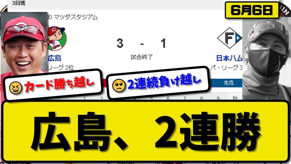 【セ2位vsパ3位】広島カープが日本ハムファイターズに3-1で勝利…6月6日カード勝ち越しで2連勝…先発九里7回1失点…末包&秋山が活躍【最新・反応集・なんJ・2ch】プロ野球
