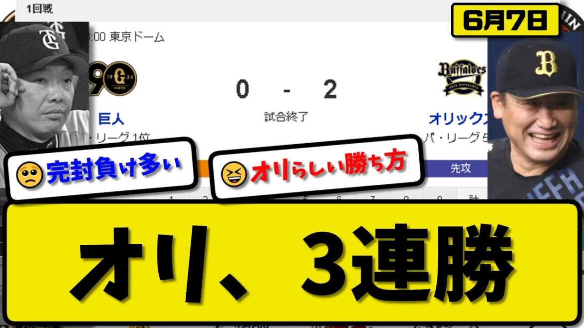 【セ1位vsパ5位】オリックスバファローズが読売ジャイアンツに2-0で勝利…6月7日今季2度目の3連勝…先発東8回無失点2勝目…西川&紅林が活躍【最新・反応集・なんJ・2ch】プロ野球