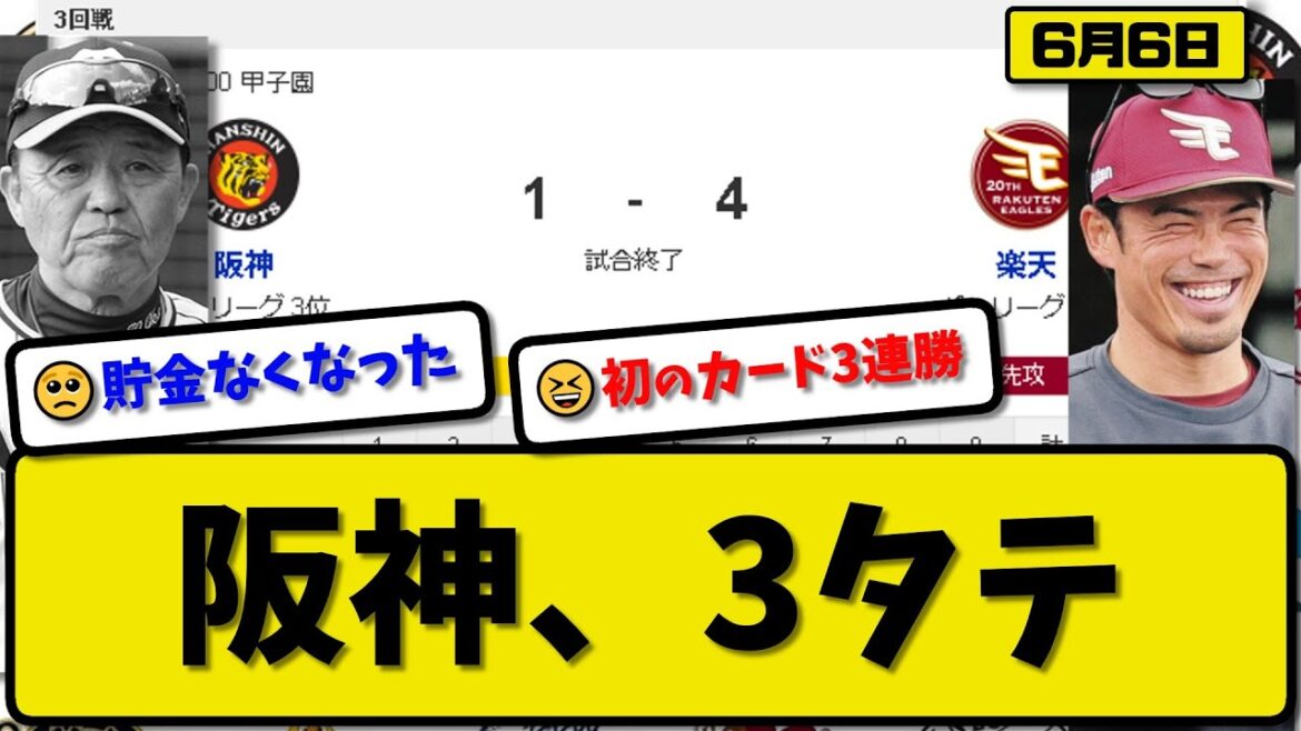 【セ3位vsパ4位】楽天イーグルスが阪神タイガースに4-1で勝利…6月6日今季初同一カード3連勝…先発藤井7回1失点…鈴木が活躍【最新・反応集・なんJ・2ch】プロ野球