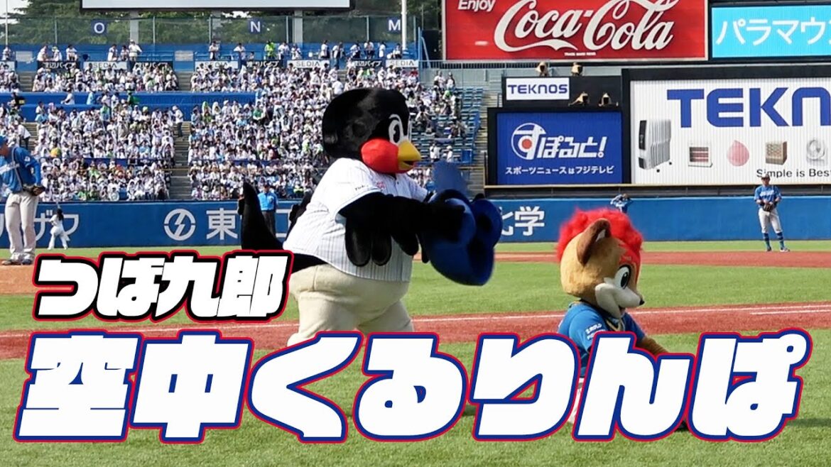 フレップと頑張って挑戦！つば九郎空中くるりんぱ｜2024年6月8日 北海道日本ハムファイターズ戦（神宮球場）