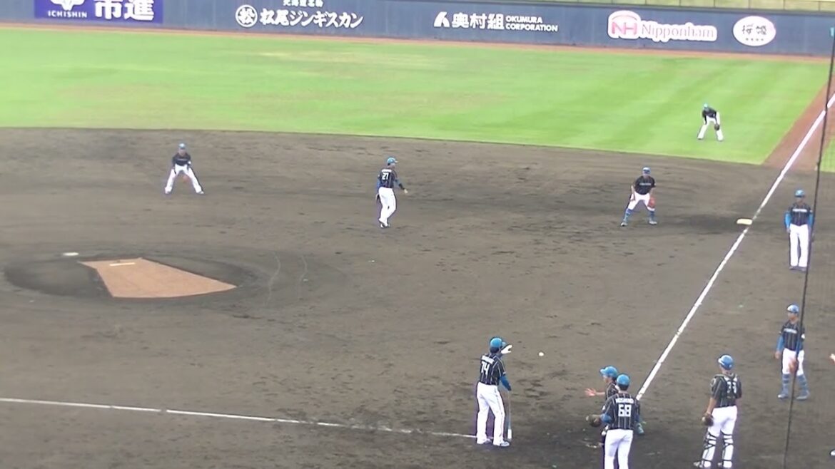 ファイターズ シートノック 締め ホームへの送球（2024年4月23日 日本ハムファイターズ対 横浜DeNAベイスターズ 2軍）