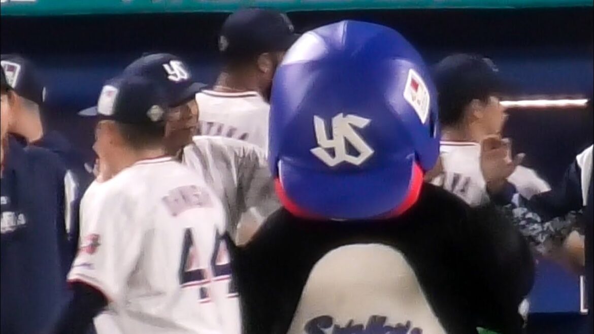 6/5久々の勝利のハイタッチで思いっきりヘルメットずらされるつば九郎