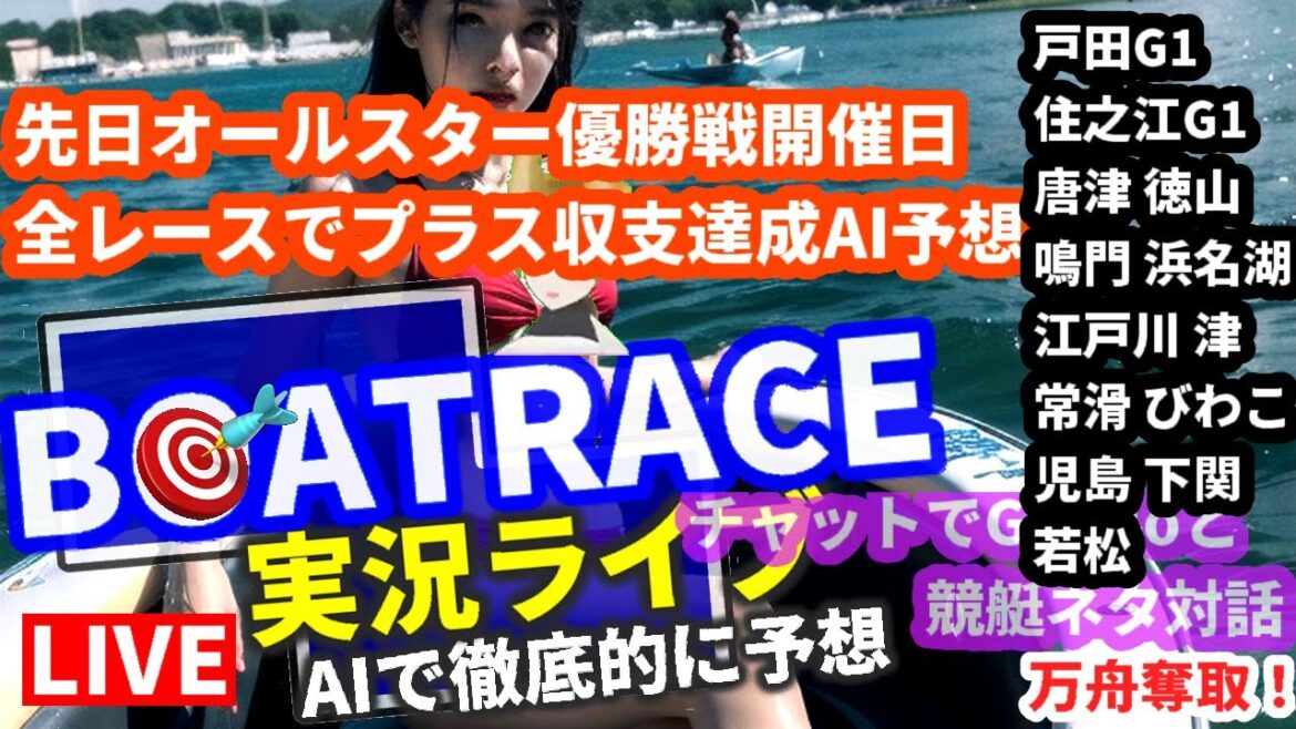 6月3日 競艇ライブ 戸田G1 住之江G1 唐津 徳山 鳴門 浜名湖 江戸川 津 常滑 びわこ 児島 下関 若松 chat GPT-4o Vtuber
