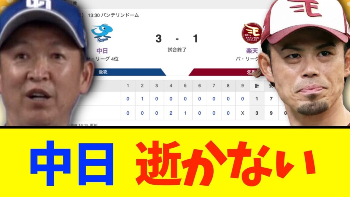 【ライマル劇場】中日、３対１で楽天に逆転勝利！