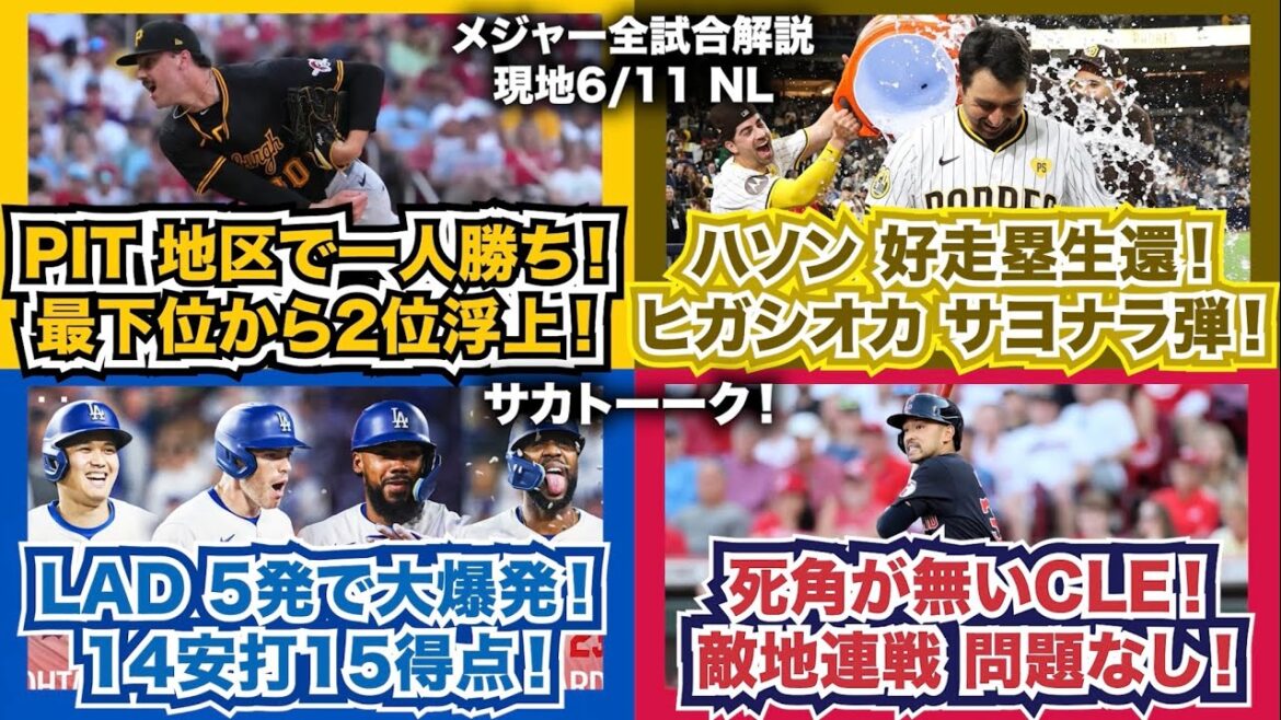 【NL6/11】パイレーツ一人勝ちで最下位から2位に浮上！ハソン好走塁！ヒガシオカサヨナラ弾！ドジャース5発で大爆発！14安打15得点！死角がないガーディアンズ！敵地連戦問題なし！