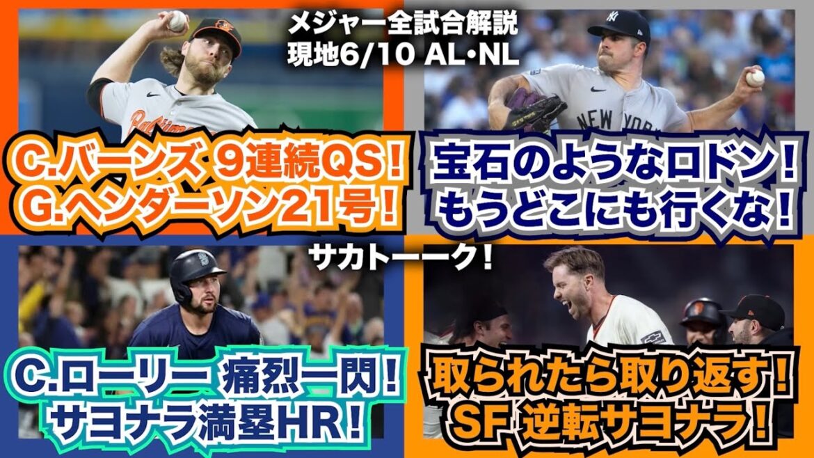 【6/10】C.バーンズ9戦連続QS！G.ヘンダーソン21号！宝石のようなロドン！もうどこにも行くな！C.ローリー痛烈一閃！サヨナラ満塁HR！取られたら取り返す！ジャイアンツ逆転サヨナラ！