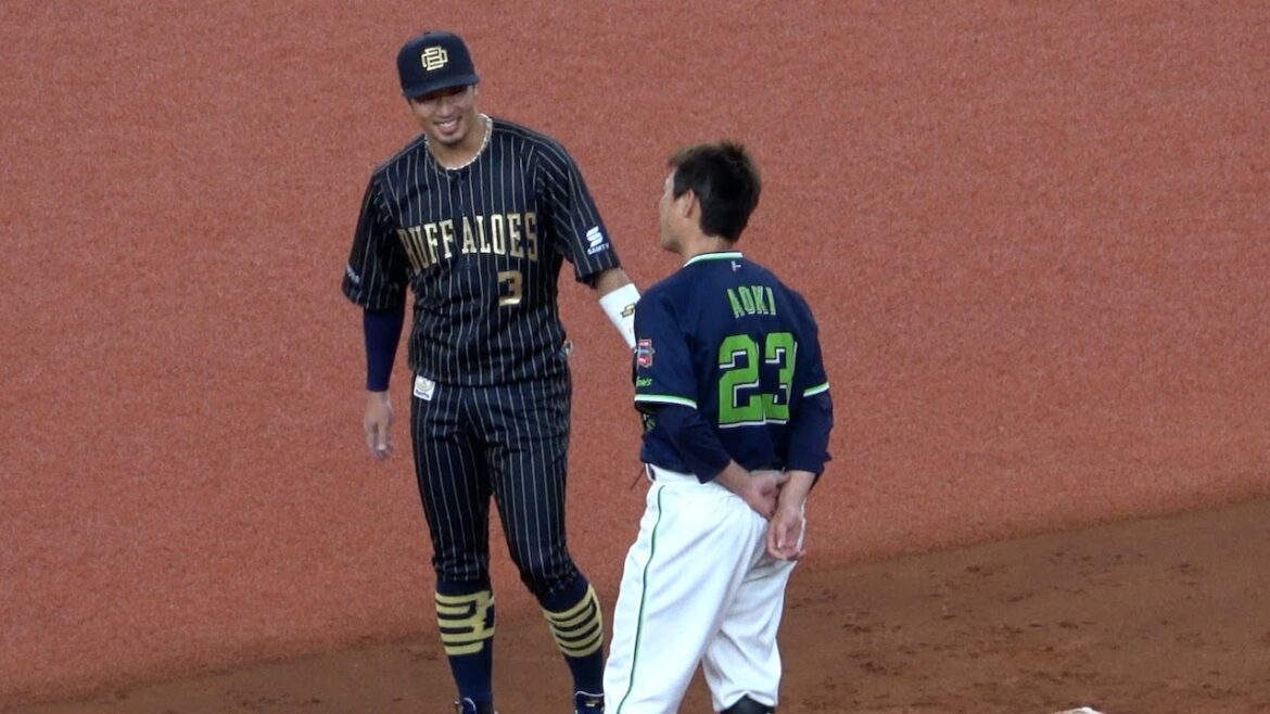 リプレー検証中、仲良く談笑するNPB現役野手最年長のヤクルト青木宣親とオリックス野手最年長の安達了一
