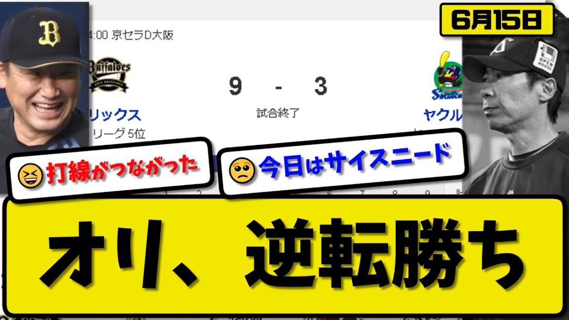 【セ6位vsパ5位】オリックスバファローズがヤクルトスワローズに9-3で勝利…6月15日逆転勝ちで交流戦2年連続勝ち越し…先発東5回2失点…打線が今季最多19安打9得点と爆発【最新・反応集・なんJ】 【セ6位vsパ5位】オリックスバファローズがヤクルトスワローズに9-3で勝利…6月15日逆転勝ちで交流戦2年連続勝ち越し…先発東5回2失点…打線が今季最多19安打9得点と爆発【最新・反応集・なんJ】