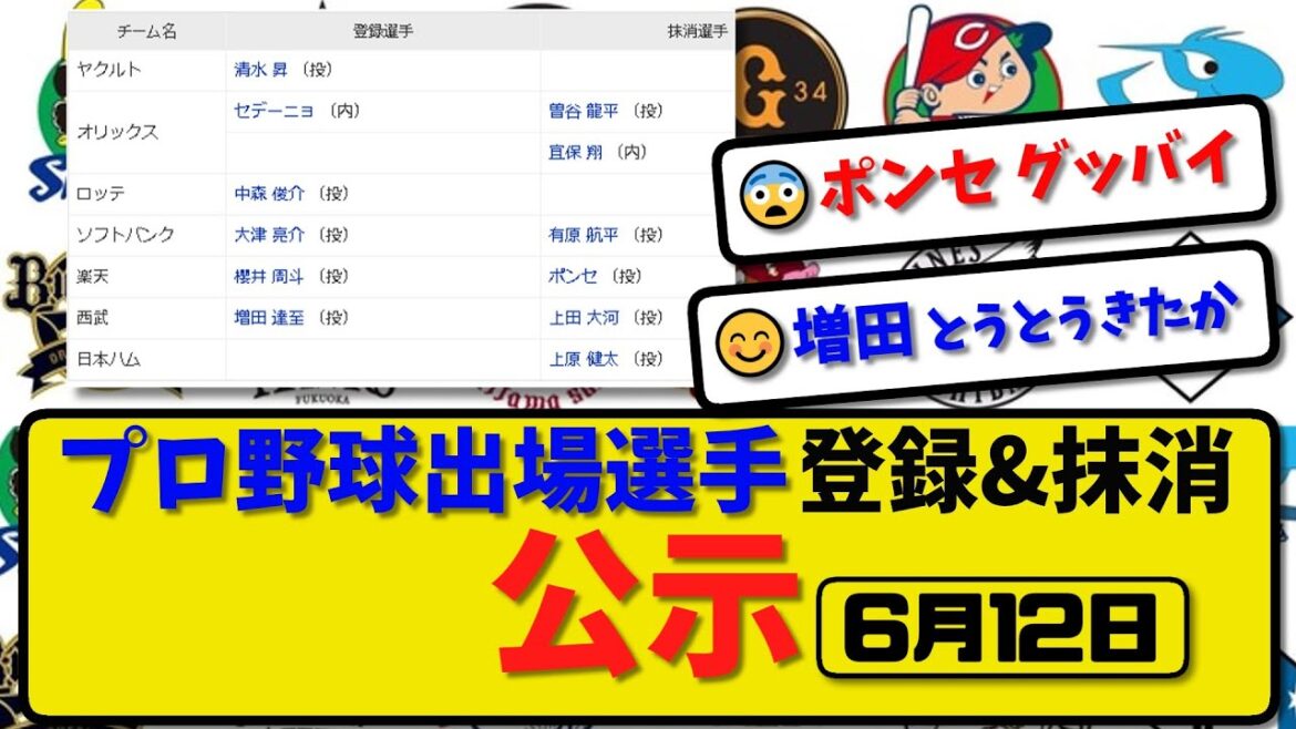 【公示】プロ野球 出場選手登録＆抹消 公示6月12日発表｜オリ曽谷宜保 ソフ有原 楽天ポンセ 西武上田 ハム上原ら抹消|オリセデーニョ 楽天櫻井 西武増田ら登録【最新・まとめ・反応集・なんJ・2ch】