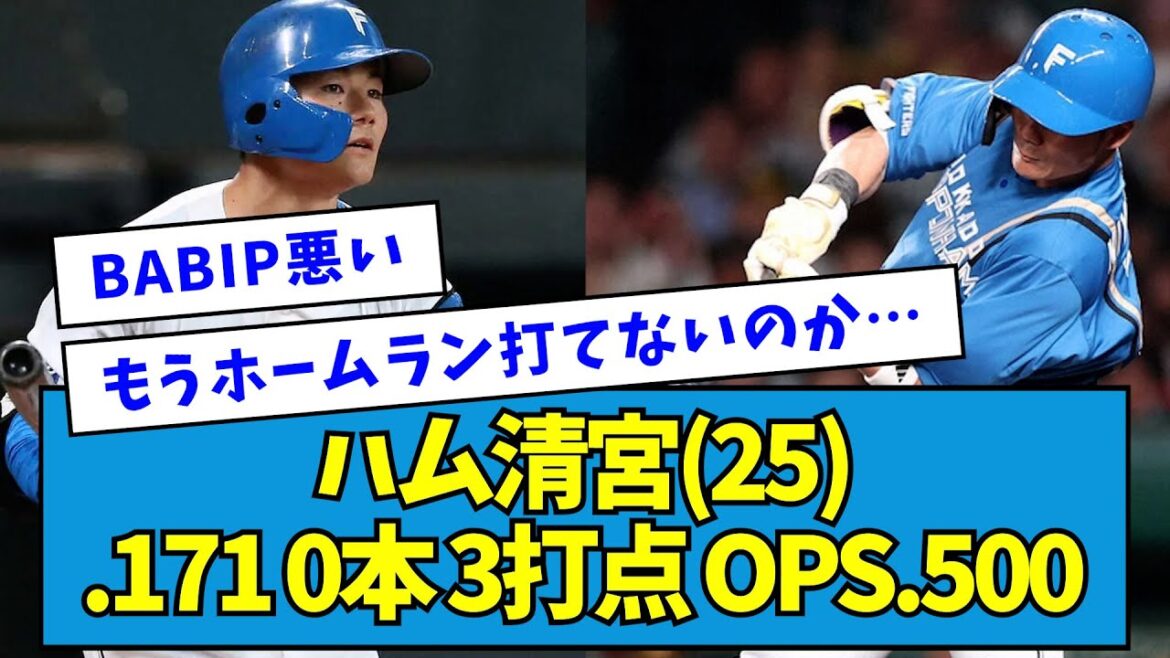 【頑張れ】日ハム・清宮幸太郎(25) .171 0本 3打点 OPS.500【なんJ反応】
