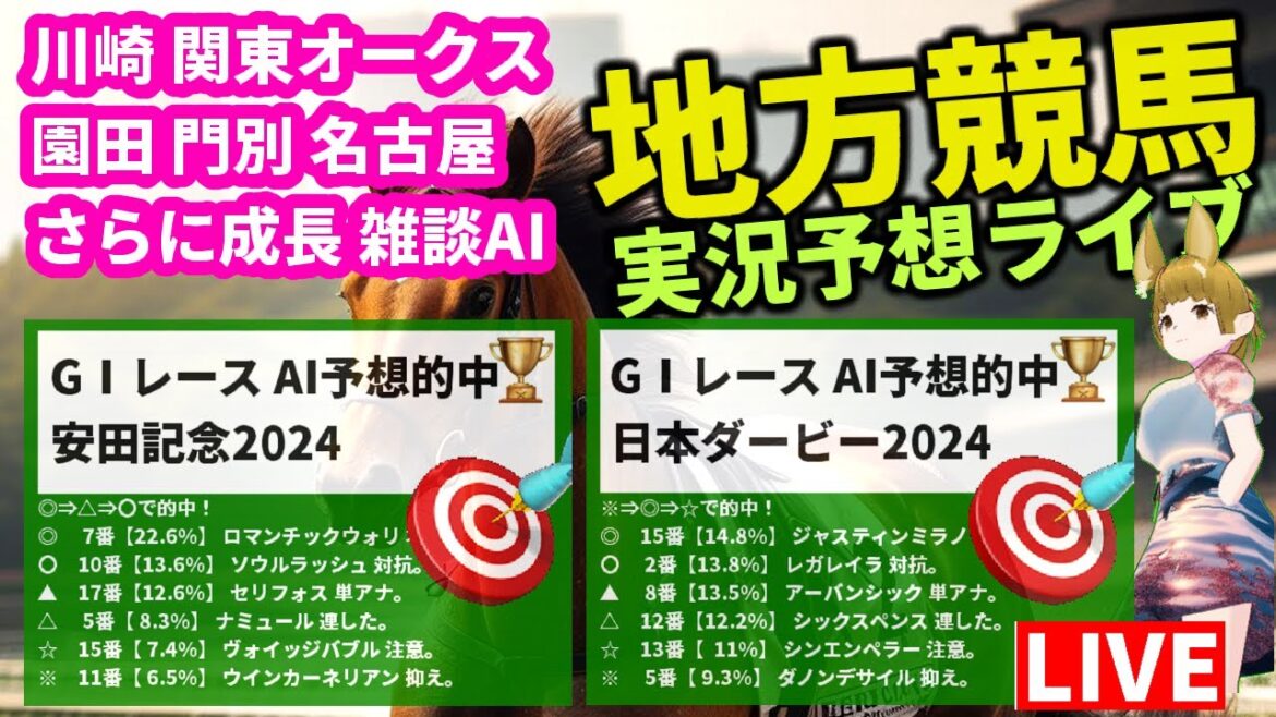 関東オークスJpn2 雑談AIチャット【地方競馬ライブ 6月12日全レース 川崎 園田 名古屋 門別 安田記念・ダービー・桜花・皐月賞 的中AI 2024  GPT-4o VTuber 函館 JRA