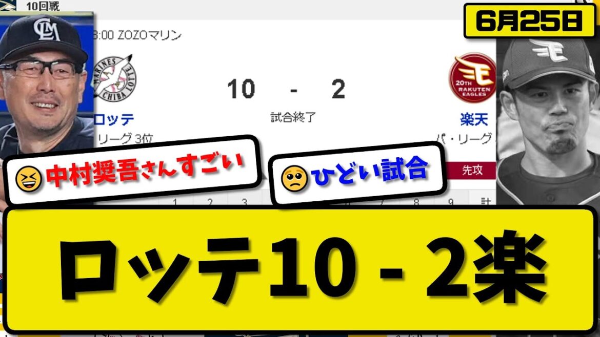 【3位vs4位】ロッテマリーンズが楽天イーグルスに10-2で勝利…6月25日連敗を２で止める…先発西野5.2回2失点…打線が15安打10得点と爆発【最新・反応集・なんJ・2ch】プロ野球