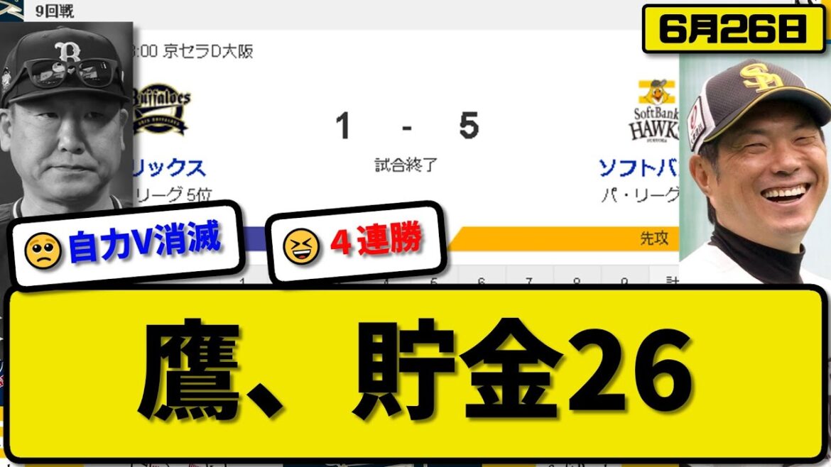 【1位vs5位】ソフトバンクホークスがオリックスバファローズに5-1で勝利…6月26日４連勝で貯金26…先発大関8回1失点5勝目…栗原&正木&近藤が活躍【最新・反応集・なんJ・2ch】プロ野球
