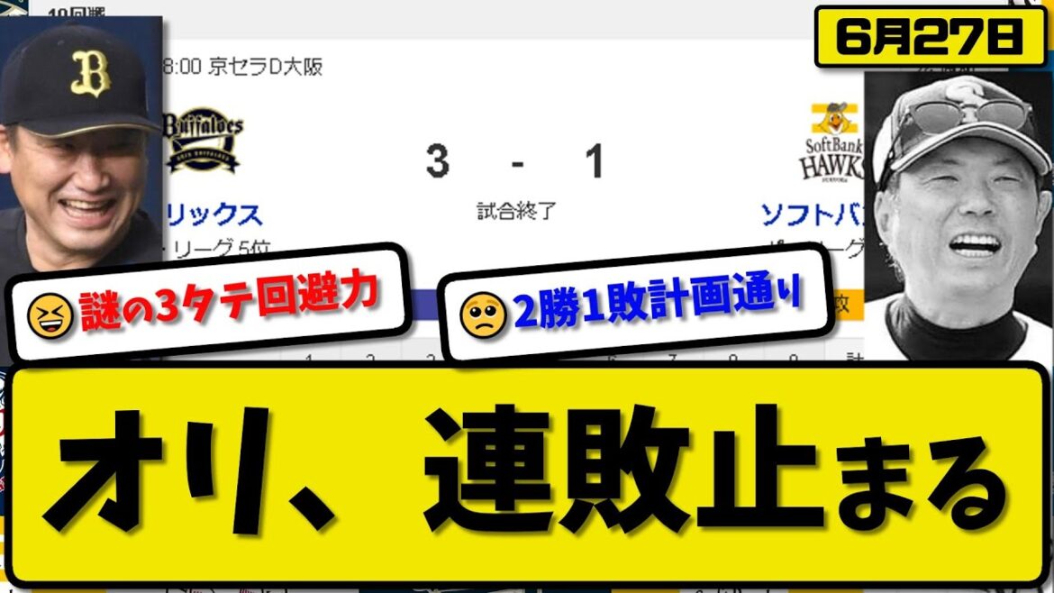 【1位vs5位】オリックスバファローズがソフトバンクホークスに3-1で勝利…6月27日3タテ回避で連敗止める…先発宮城5回無失点3勝目…森&セデーニョが活躍【最新・反応集・なんJ・2ch】プロ野球
