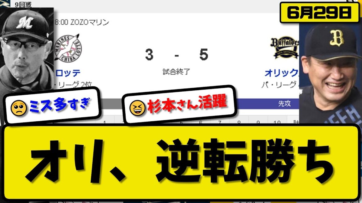 【2位vs5位】オリックスバファローズがロッテマリーンズに5-3で勝利…6月29日逆転勝ちで4位浮上…先発田嶋6回2失点…西川&紅林&頓宮&杉本が活躍【最新・反応集・なんJ・2ch】プロ野球