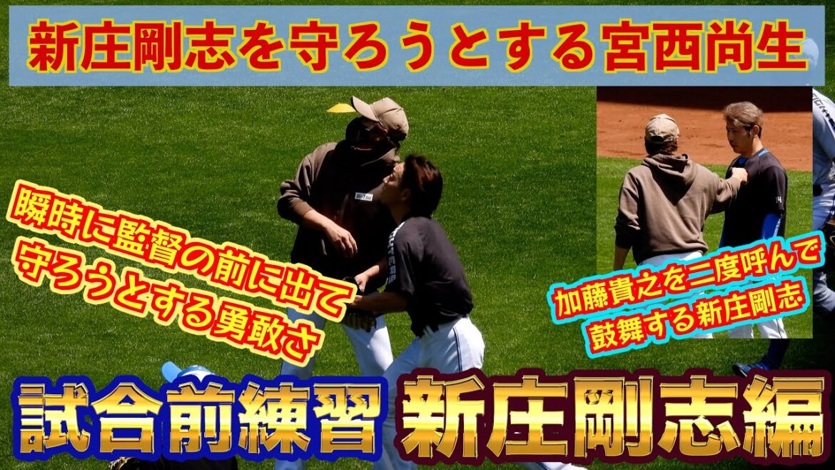 【20240630】試合前練習　新庄剛志が宮西尚生、加藤貴之、福島蓮、齋藤友貴哉に声を掛けてアドバイスや鼓舞する。