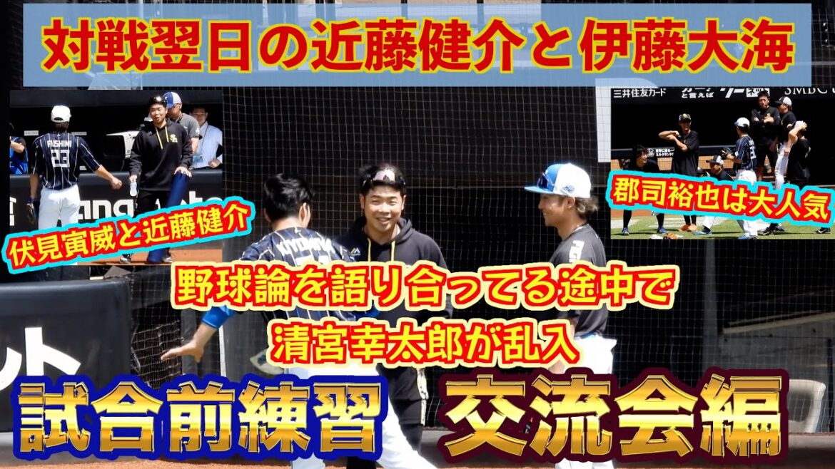 【20240630】試合前練習　先日対戦の伊藤大海と近藤健介が野球論。伏見寅威や清水優心も登場。郡司裕也と海野隆司。水谷瞬、今宮健太などなど・・・