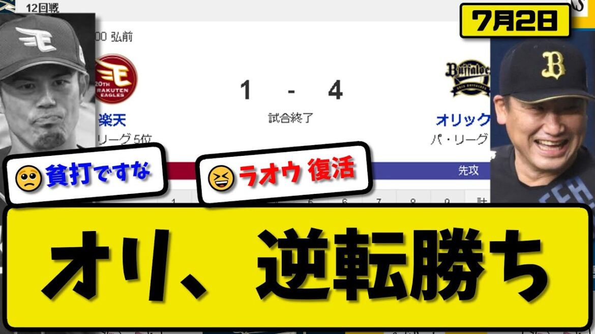 【4位vs5位】オリックスバファローズが楽天イーグルスに4-1で勝利…7月2日逆転勝ちで4位浮上…先発曽谷7回1失点5勝目…杉本&セデーニョが活躍【最新・反応集・なんJ・2ch】プロ野球