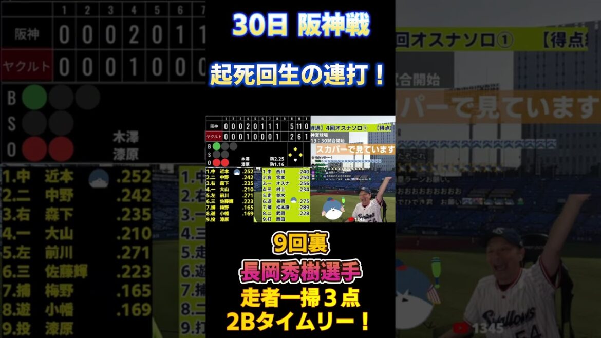 6.30 配信で盛り上がった場面！起死回生の連打！#村上宗隆 #長岡秀樹 #山田哲人 #ヤクルトスワローズ #阪神タイガース