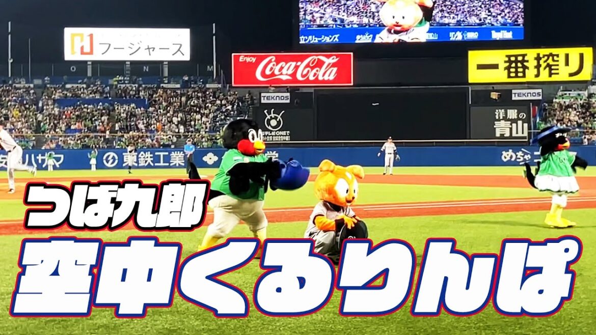 今日も仲良くジャビットと！つば九郎空中くるりんぱ｜2024年7月6日 巨人戦（神宮球場）