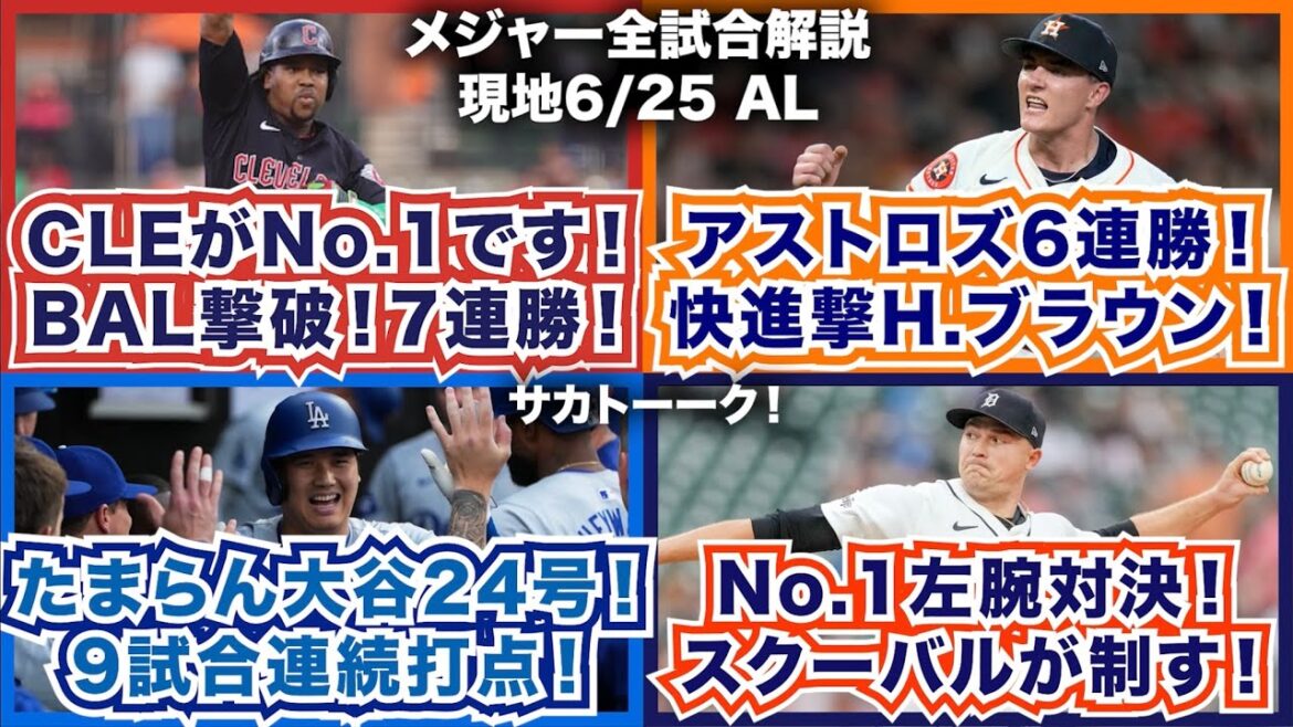 【AL6/25】ガーディアンズがNo.1です！オリオールズ撃破で7連勝！アストロズは6連勝！快進撃のH.ブラウン！たまらん大谷24号！9試合連続打点！No.1左腕対決はT.スクーバルが制す！