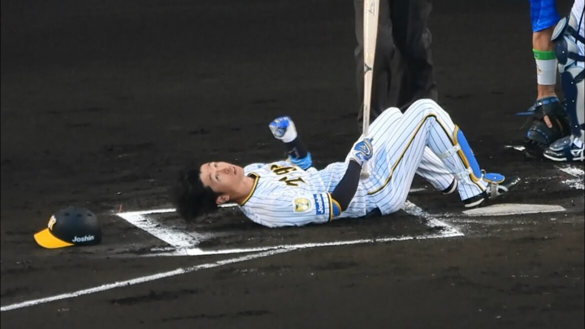 【あわや大惨事】頭部付近スレスレのボールを何とか避けてそのまま倒れ込む近本光司 2024.7.7