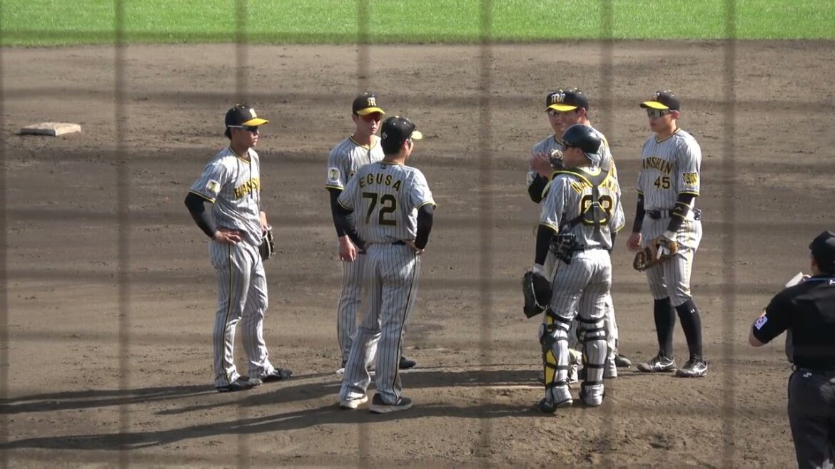 阪神タイガース 江草投手コーチがピンチを招いたマウンドの湯浅京己投手の所へ向かい一声掛ける 2024/4/19 ちゅーるスタジアム