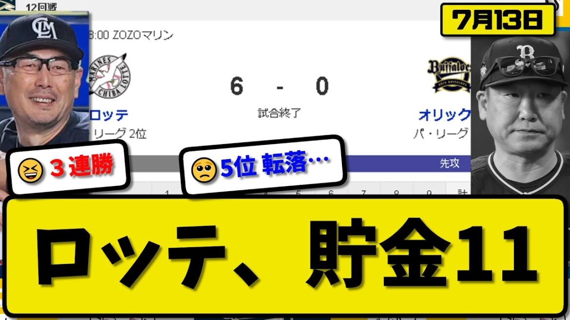 【2位vs3位】ロッテマリーンズがオリックスバファローズに6-0で勝利…7月13日完封勝ちで３連勝貯金11…先発種市8回無失点…ソト&小川&髙部が活躍【最新・反応集・なんJ・2ch】プロ野球