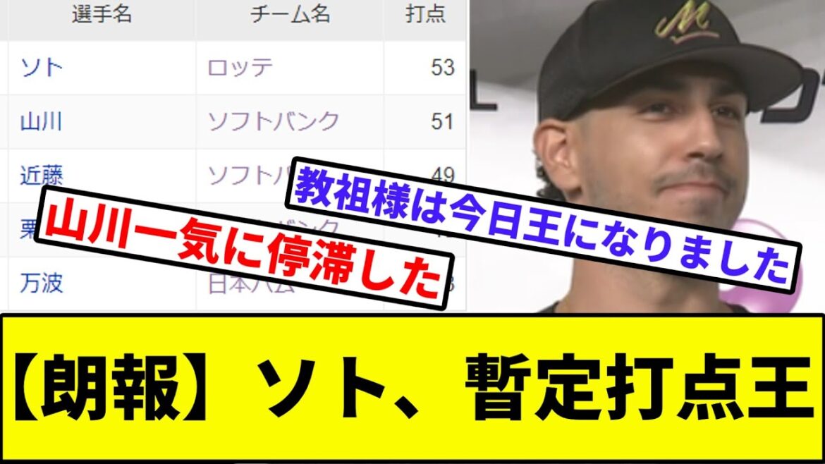【ベイス・ロッテファン超朗報】ソト、暫定打点王【なんJ反応】【プロ野球反応集】【2chスレ】【1分動画】【5chスレ】【山川穂高】【ソフトバンク】【千葉ロッテマリーンズ】【パリーグ】【ベイスターズ】