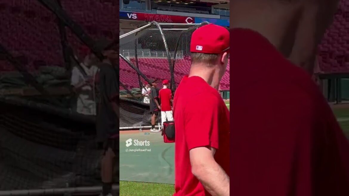 Zac Taylor watches as his son Brooks takes batting practice from Reds manager David Bell