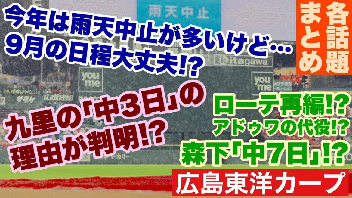 【広島東洋カープ】[各話題まとめ動画]　　①「雨天中止の不安を解決！」　②「九里の アレ の謎！？」　③「ローテ再編どうなるの？」　【九里亜蓮】【アドゥワ誠】【新井貴浩】【カープ】