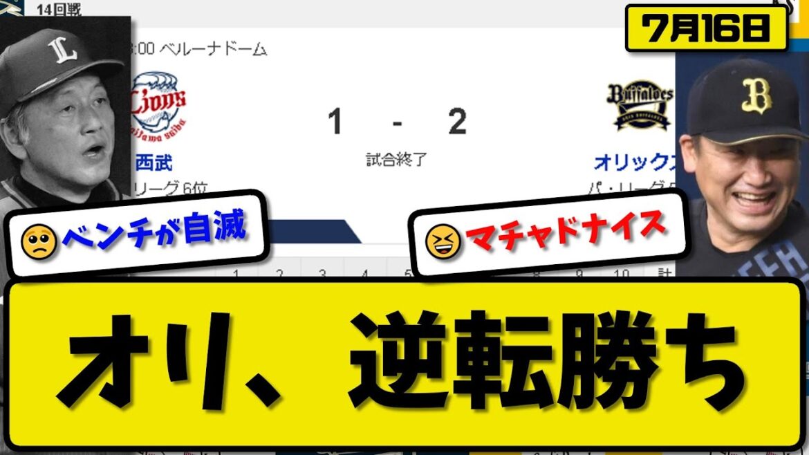 【5位vs6位】オリックスバファローズが西武ライオンズに2-1で勝利…7月16日逆転勝ちで延長制す…先発田嶋6回1失点…西川&太田が活躍【最新・反応集・なんJ・2ch】プロ野球