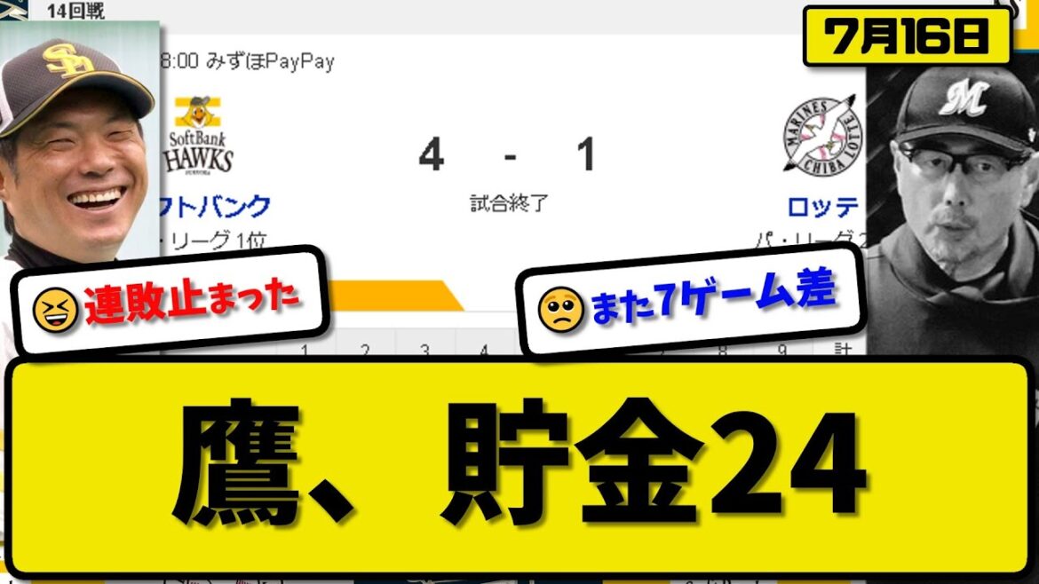 【1位vs2位】ソフトバンクホークスがロッテマリーンズに4-1で勝利…7月16日連敗ストップ貯金24…先発有原7回1失点9勝目…山川&正木&吉田が活躍【最新・反応集・なんJ・2ch】プロ野球