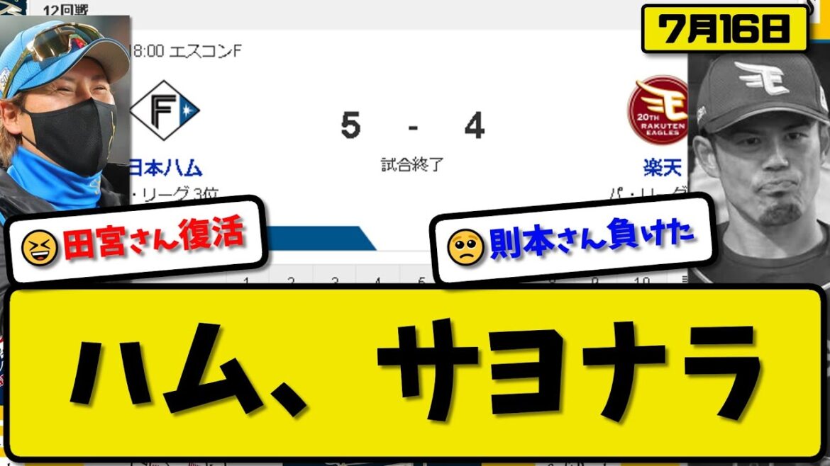 【3位vs4位】日本ハムファイターズが楽天イーグルスに5-4で勝利…7月16日サヨナラ勝ちで5割復帰…先発山崎5.2回3失点…郡司&レイエス&田宮サヨナラ打の活躍【最新・反応集・なんJ・2ch】