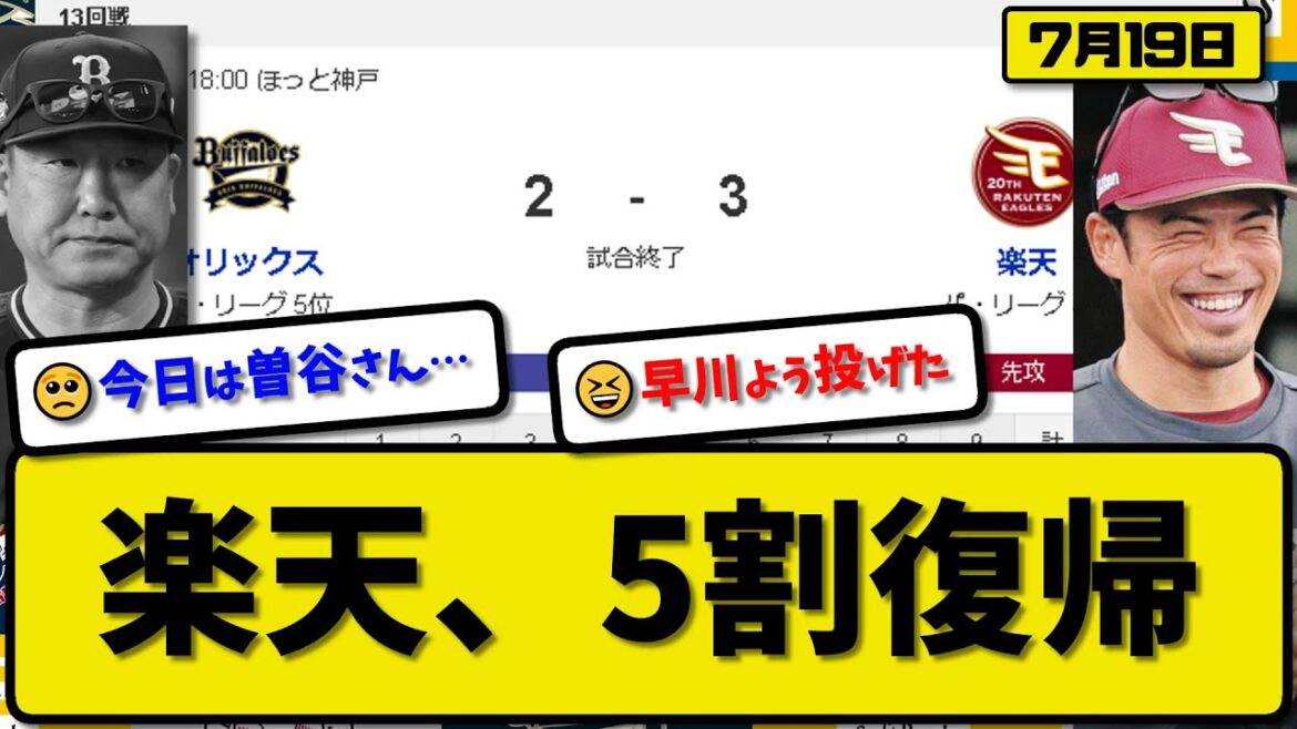 【4位vs5位】楽天イーグルスがオリックスバファローズに3-2で勝利…7月19日勝率5割復帰…先発早川8回2失点7勝目…フランコ&阿部が活躍【最新・反応集・なんJ・2ch】プロ野球