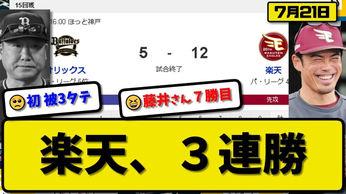 【4位vs5位】楽天イーグルスがオリックスバファローズに12-5で勝利…7月21日打線爆発で3連勝…先発藤井7回4失点7勝目…小郷&浅村&辰己&鈴木が活躍【最新・反応集・なんJ・2ch】プロ野球