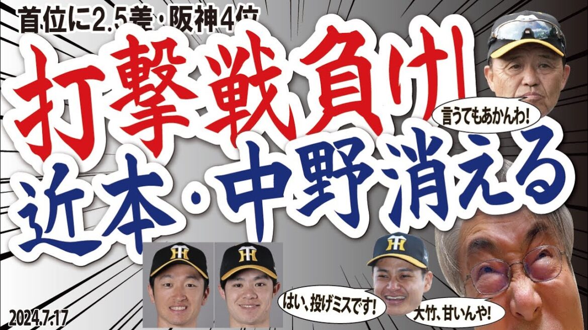 2024.7.17 巨4-3神 先発大竹・5回途中4失点で降板、拙攻・中途半端で1点届かず、Tスタメンに近本、中野の名前なし 2024.7.17 巨4-3神 先発大竹・5回途中4失点で降板、拙攻・中途半端で1点届かず、Tスタメンに近本、中野の名前なし