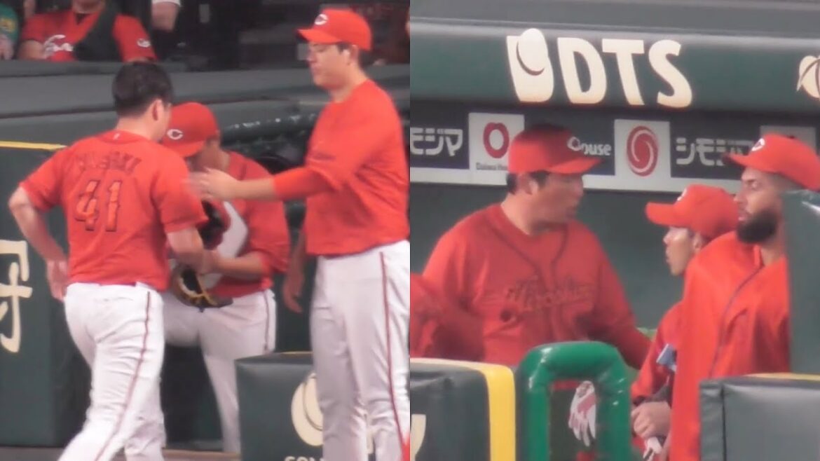 6失点と打ち込まれた矢崎拓也を真っ先にベンチで迎える九里亜蓮！すぐさま新井監督も歩み寄る2024年7月21日